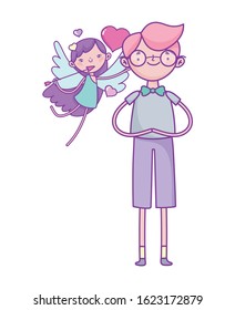 happy valentines day, cute young man with little cupid arrow hearts love vector illustration