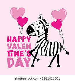 Happy Valentine's Day - cute zebra with balloons. Good for greeting card, poster, mug, label, T shirt print.