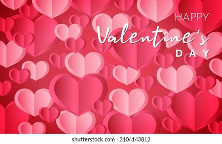Happy Valentine's day dark pink and light pink paper hearts interspersed with reddish-pink backgrounds.