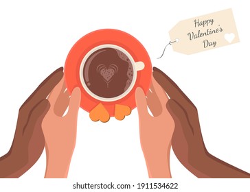 Happy valentine's day. Date in cafe with the cup of coffee. Embraced people hands. Vector illustration isolated on white background.