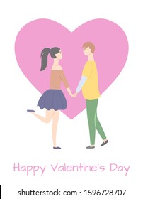 Happy Valentines day and dating teenagers, girl in skirt standing on one leg, boy in yellow sweater and trousers isolated people. Vector cartoon students
