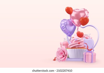 Happy Valentines day decoration. 3d render vector objects. Cupcake, gift box, rose flower, balloon, heart