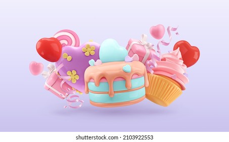 Happy Valentines day decoration. 3d render vector objects. Cake, cupcake, gift box, heart
