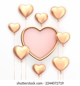 Feliz Día de San Valentín. Cartel de decoración. Medallón del corazón rodeado de globos con forma de corazón dorado. Ilustración vectorial 3D realista