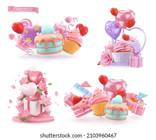 Happy Valentines day decoration. Cake, cupcake, gift box, balloon, heart, flower. 3d render set vector objects - Shutterstock ID 2103960467