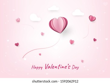 Happy Valentine's Day decoration cute design with pink Hearts and cloud paper cut style, can be used for Wallpaper, invitation, posters, banners, headers, website, greeting cards