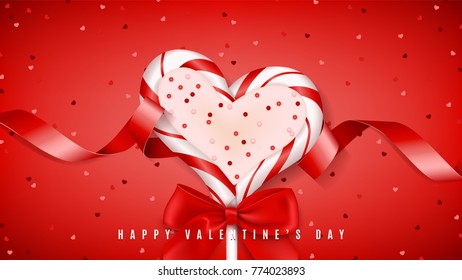 Happy Valentine's Day Decoration Web Banner. Top View on Lollipop in the form of Heart. Vector Illustration with Confetti and Red Satin Ribbon.