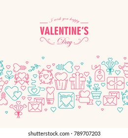 Happy valentines day decorative card with wishes be happy and many symbols rose and green  colored such as heart, ribbon, envelope on the white background vector illustration