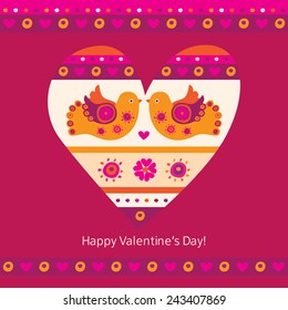 Happy Valentines Day. Decorative heart with two birds. Postcard. Background. Congratulation. Vector illustration.
