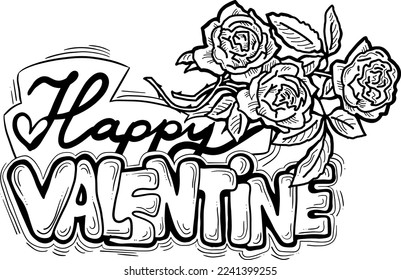 Happy Valentines day decorative lettering text with rose flower vector elements composition for poster design, party invitation, advertisement offer, greeting card. Hand drawn illustration with heart.