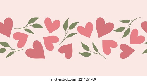 Happy Valentine's Day. Delicate endless border with hearts and leaves. Seamless repeat pattern. Cartoon doodles. Vector pattern, design for textiles, packaging, paper, postcards, banners.