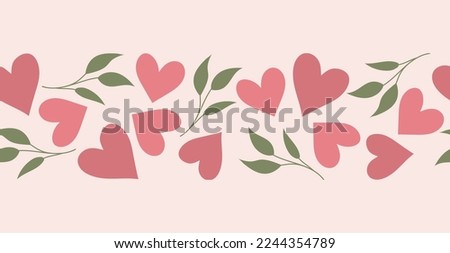 Happy Valentine's Day. Delicate endless border with hearts and leaves. Seamless repeat pattern. Cartoon doodles. Vector pattern, design for textiles, packaging, paper, postcards, banners.