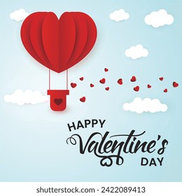 Happy valentines day desigh with paper cut red heart on blue sky with balloons