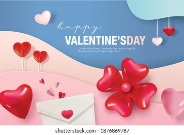 Happy Valentine's Day design with balloons, love letter, heart shape decorations and lollipops.