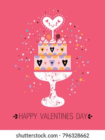 Happy Valentines Day design. Cake on a stand decorated with a heart. Vector template of invitation, flyer, poster or greeting card. Vector illustration.