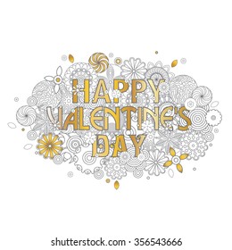 Happy Valentine's day design. Cloud shape pattern with sign. Floral imitation of retro doodle hand drawing with pen for coloring book for adults. 
