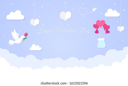 Happy Valentine's Day design concept, romantic composition in paper style, vector illustration on a blue background