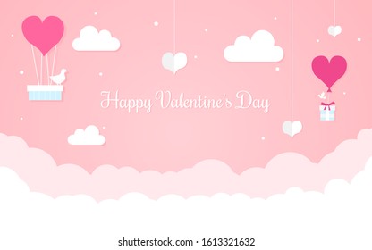 Happy Valentine's Day design concept, romantic composition in paper style, vector illustration on a pink background