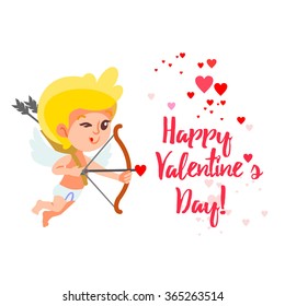 Happy Valentine's day design concept. Cute cherub with bow and arrow aiming at goal. Vector illustration isolated on white
