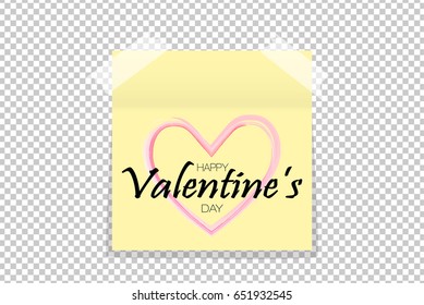 Happy Valentine's day design concept on yellow office paper sticker with shadow isolated. Vector illustration