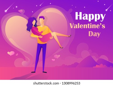 Happy Valentine's Day design with couple in love. Guy holding a girl in his arms on the background of the heart shape. Abstract flat style vector background.