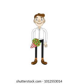 Happy Valentine's Day design with cute boy with flowers. Vector illustration in cartoon style