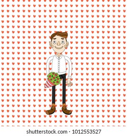 Happy Valentine's Day design with cute boy with flowers. Vector illustration in cartoon style