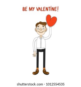 Happy Valentine's Day design with cute boy and red heart. Vector illustration in cartoon style