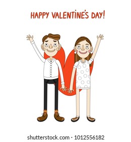 Happy Valentine's Day design with cute boy and girl. Vector illustration in cartoon style