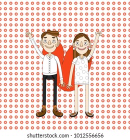 Happy Valentine's Day design with cute boy and girl. Vector illustration in cartoon style