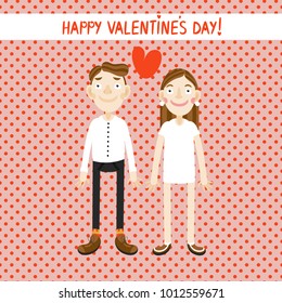 Happy Valentine's Day design with cute boy and girl. Vector illustration in cartoon style