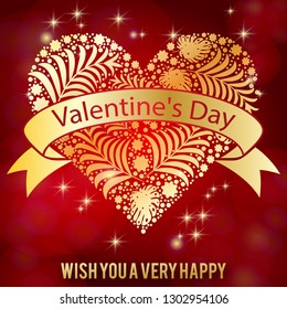 Happy valentines day  design element. Vector illustration. red Background decorated with a heart of gold. Doodles and curls. Vector illustration.