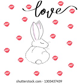 Happy valentines day.  Design element for Valentines day .Vector illustration, Wallpaper, Flyers, invitation, poster, banner, brochre. Valentines rabbit with lipsticks kisses