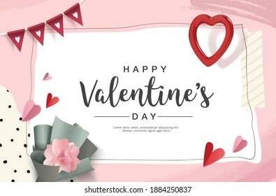 Happy Valentine's Day design with flower, flag, heart shape decorations and a white space for your text.