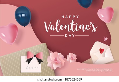 Happy Valentine's Day design with gift, balloons, flowers and love letter.