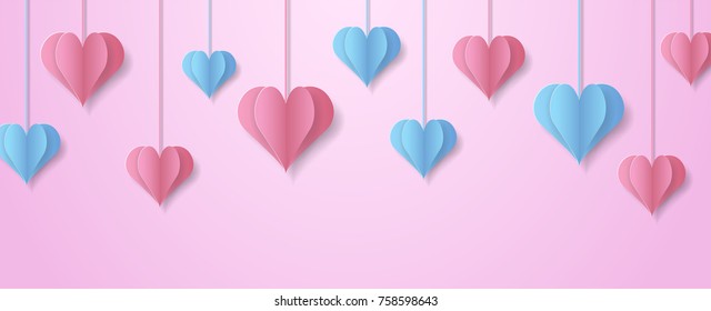 Happy Valentine's Day design for greeting card. Can be used on banners or web. 3D paper style. Heart hanging on a thread, inscription: Happy Valentines Day, pink background. Vector illustration.