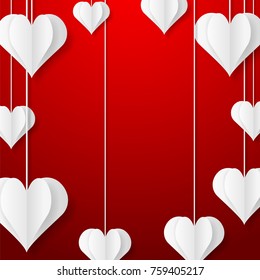 Happy Valentine's Day design for greeting card. Can be used on banners or web. 3D paper style. Heart hanging on a thread, inscription: Happy Valentines Day, pink background. Vector illustration.