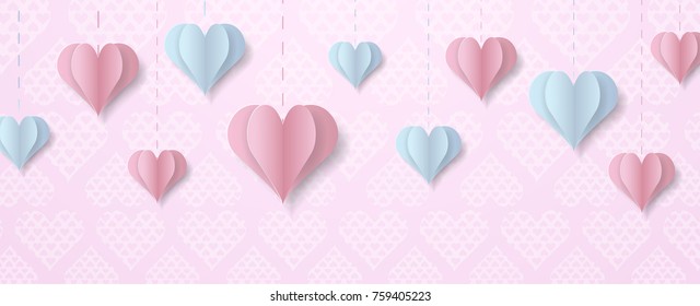 Happy Valentine's Day design for greeting card. Can be used on banners or web. 3D paper style. Heart hanging on a thread, inscription: Happy Valentines Day, pink background. Vector illustration.