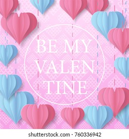 Happy Valentine's Day design for greeting card. Can be used on banners or web. 3D paper style. Heart hanging on a thread, inscription: Happy Valentines Day, pink background. Vector illustration.