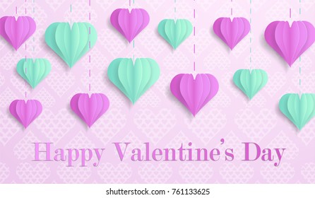 Happy Valentine's Day design for greeting card. Can be used on banners or web. 3D paper style. Heart hanging on a thread, inscription: Happy Valentines Day, pink background. Vector illustration.