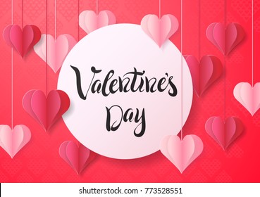 Happy Valentine's Day design for greeting card. Can be used on banners or web. 3D paper style. Heart hanging on a thread, inscription: Happy Valentines Day, pink background. Vector illustration.