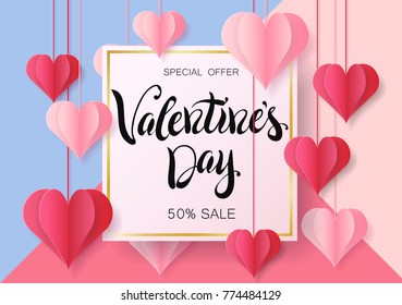 Happy Valentine's Day design for greeting card. Can be used on banners or web. 3D paper style. Heart hanging on a thread, inscription: Happy Valentines Day, pink background. Vector illustration.