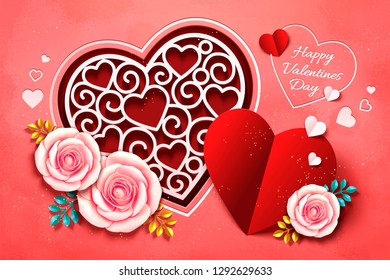 Happy valentine's day design with heart shaped decorations and paper roses in 3d illustration