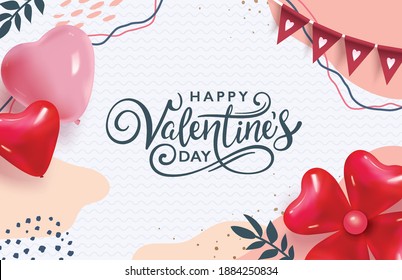 Happy Valentine's Day design with heart shape balloons, flags, flower and abstract background.