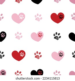 Happy Valentine's Day design heart with paws seamless fabric design pattern or background