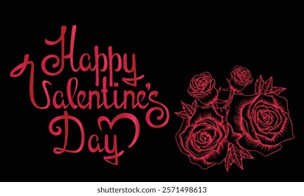 Happy Valentines Day Design with Heart Roses Flower and Handwriting Letter on Red Background