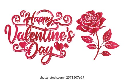 Happy Valentines Day Design with Heart Roses Flower and Handwriting Letter on Red Pattern Background