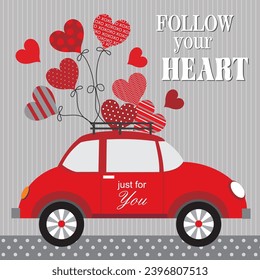 Happy valentine's day design with hearts and red car