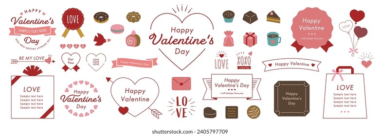 Happy Valentine's Day Design Ideas with Text frames, Borders, and Other Decorations, Colorful Version on a White Background. Open path available. Editable.