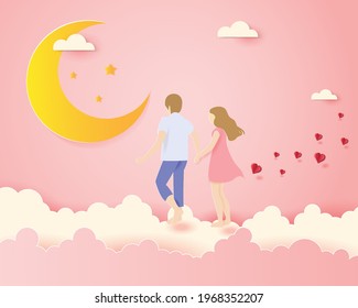 Happy valentines day  design with paper cut red heart shape and lover ,cloud,moon,stars,Vector illustration,pink background,love